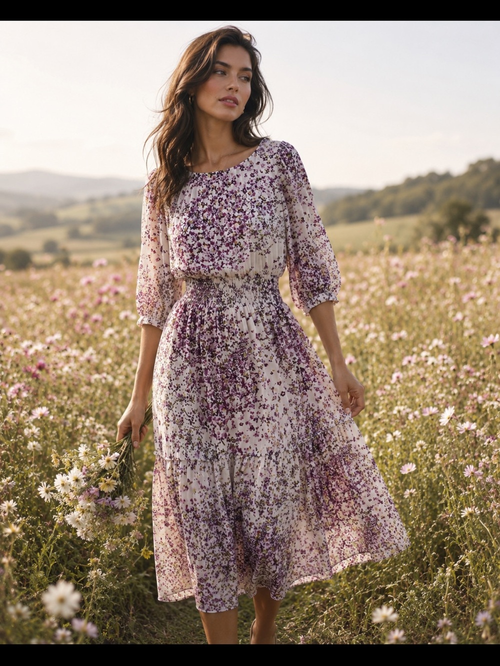 Maison Tara Floral Purple Midi Dress with Smocked Waist